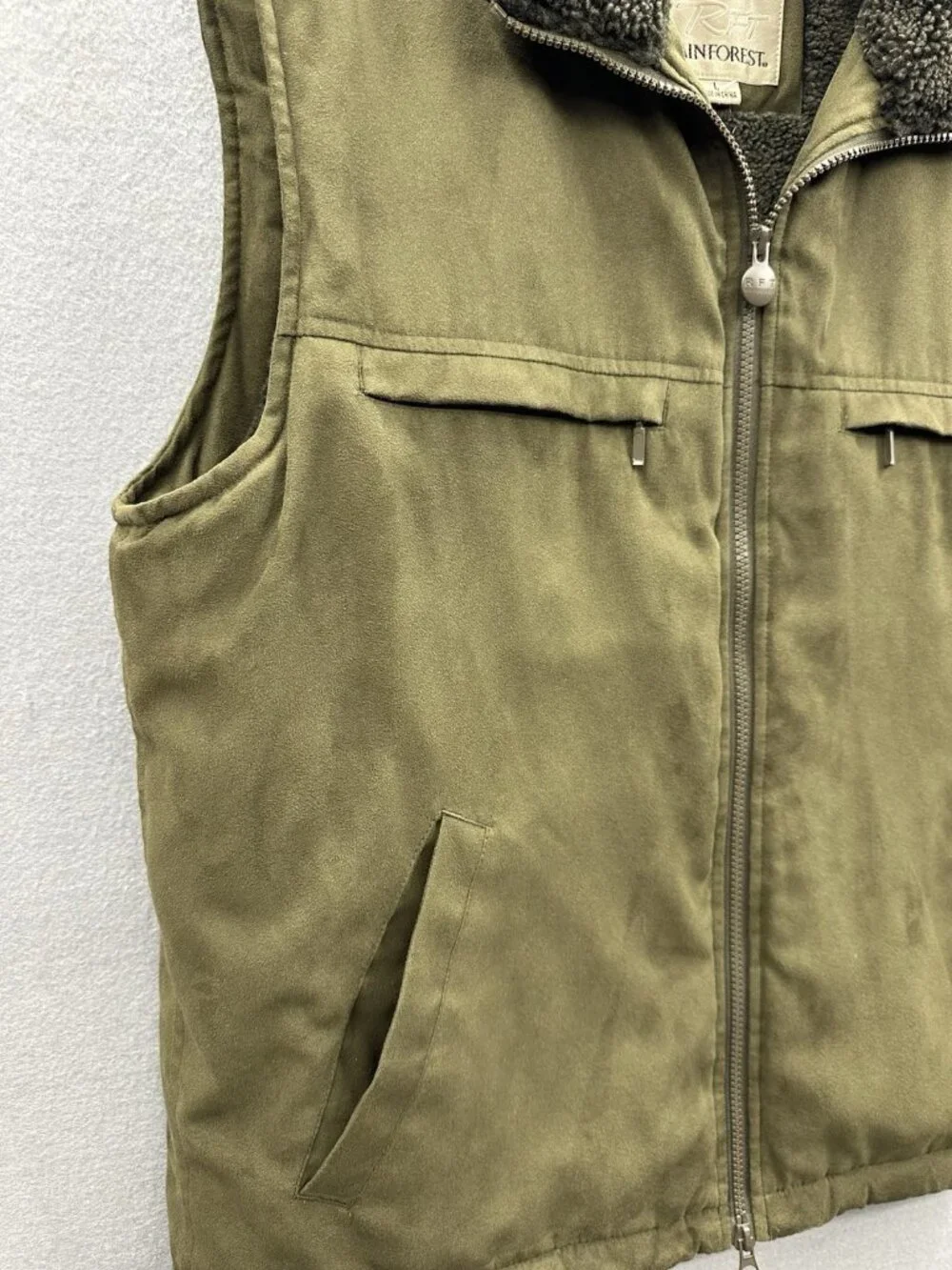 Rainforest RFT Mens Vest Size L Green Micro Suede Sherpa Fleece Lined Full Zip
